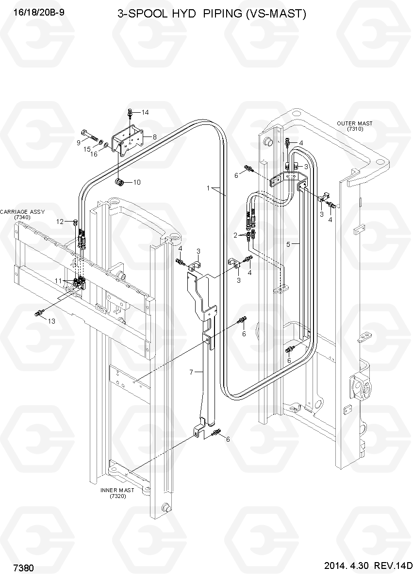 7380 3-SPOOL HYD PIPING (VS-MAST) 16/18/20B-9, Hyundai