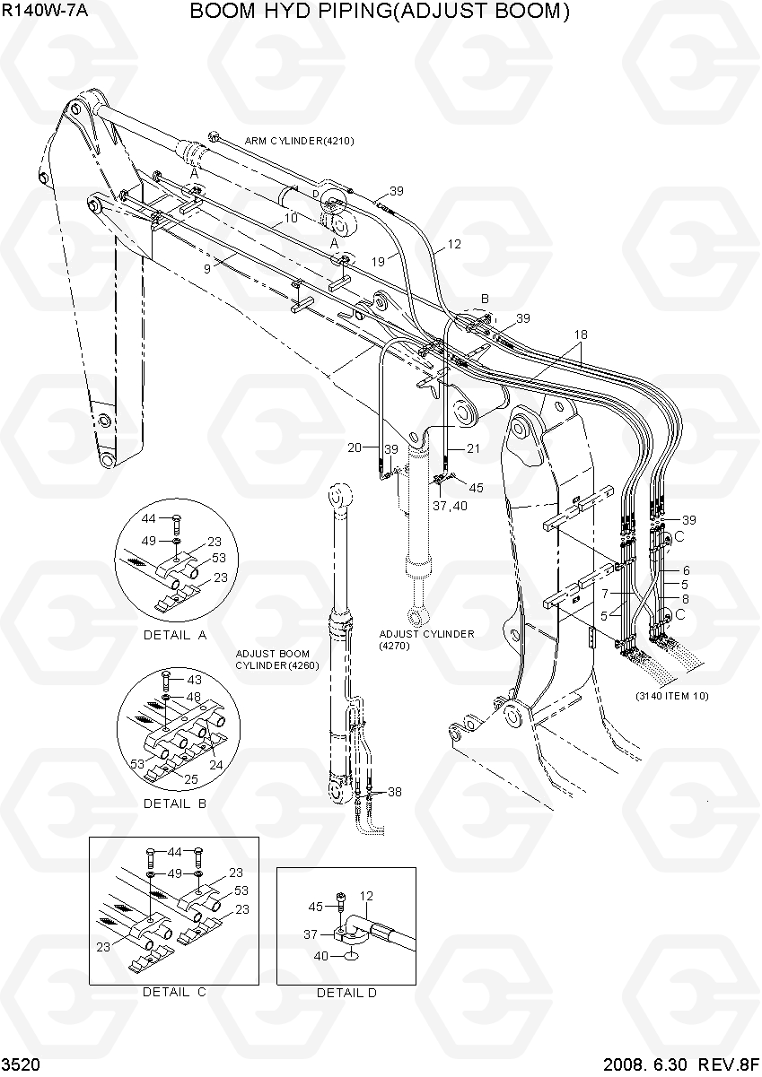 3520 BOOM HYD PIPING(ADJUST BOOM) R140W-7A, Hyundai